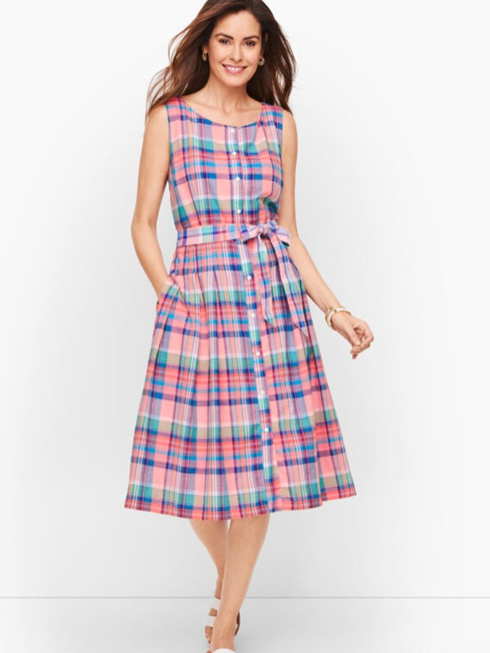 Talbots Madras Button Front Shirtdress Blue Pink Plaid Preppy Sundress Sz 8
